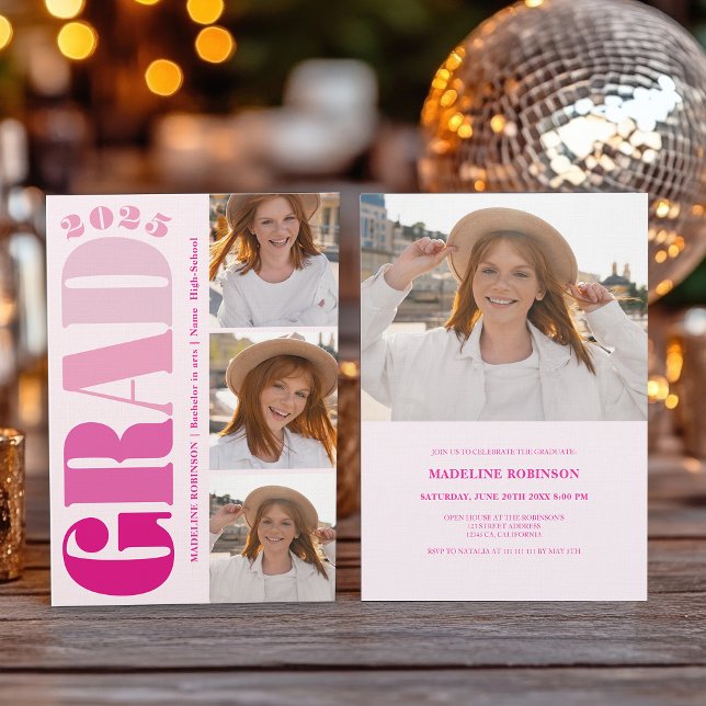 Retro Bold Pink 2025 Graduation Party 4 Photo Invitation (Retro Bold Pink 2025 Graduation Party 4 Photo Invitation)