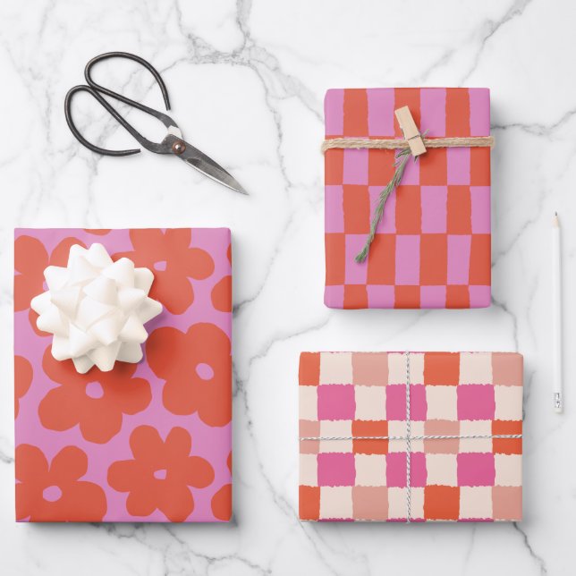 Retro Bold Pink and Orange Floral and Checks Wrapping Paper Sheet (Front)