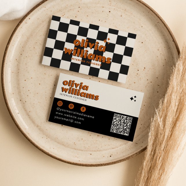 Retro Bold QR Code Boho Groovy Chequered Funky     Business Card (Creator Uploaded)