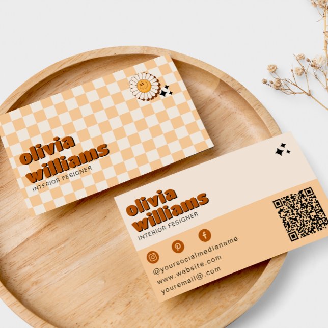 Retro Bold QR Code Boho Groovy Smiling Flower Business Card (Creator Uploaded)