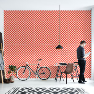 Retro Bold Red and White Geometric Chequerboard Wallpaper