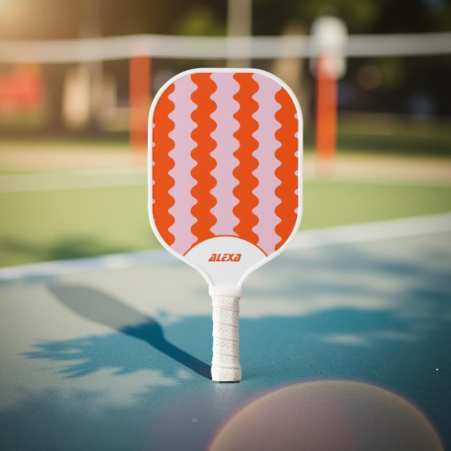 Retro Bold Red Orange Pink 70s & 90s Stripes Pickleball Paddle (Creator Uploaded)