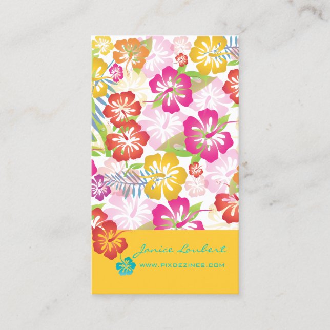 RETRO BOLD TROPICAL FLOWERS, HIBISCUS BUSINESS CARD (Front)