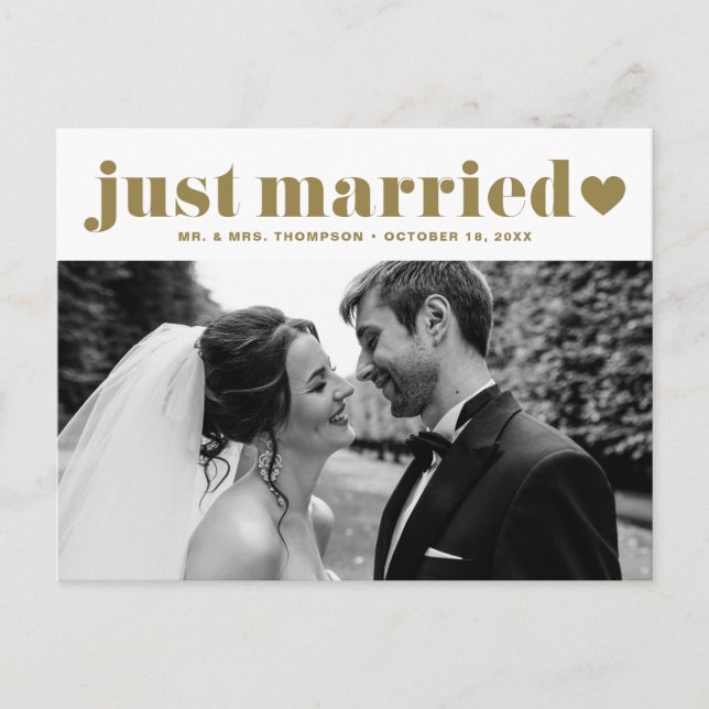 Retro Bold Typography Gold Just Married Photo Postcard (Front)