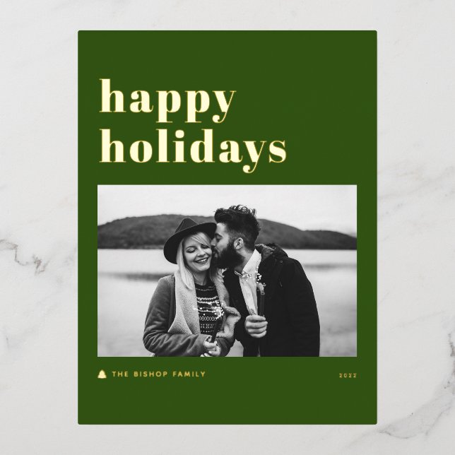 Retro Bold Typography Green Happy Holidays Photo Foil Holiday Postcard (Front)