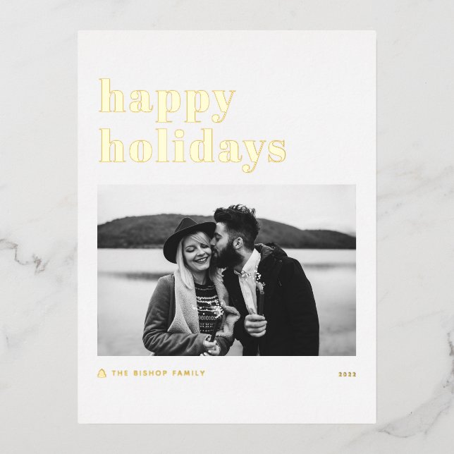Retro Bold Typography Happy Holidays Photo Foil Holiday Postcard (Front)