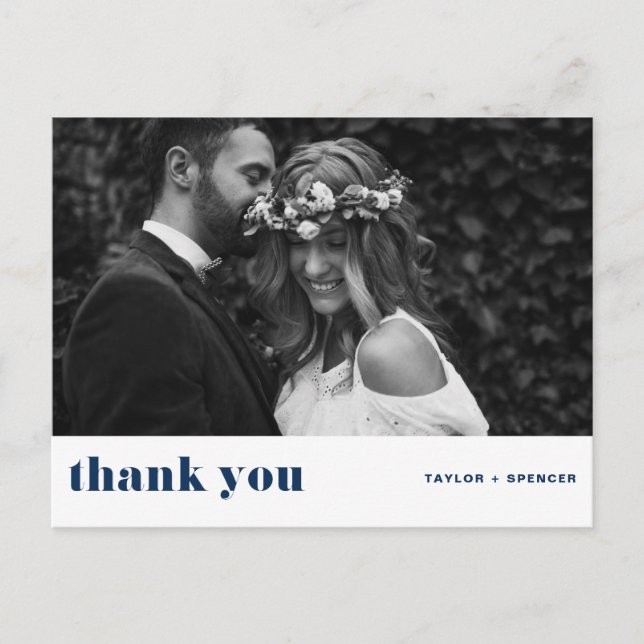 Retro Bold Typography Navy Blue Wedding Thank You Postcard (Front)