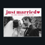 Retro Bold Typography Red Just Married Photo Postcard<br><div class="desc">Just Married! Announce your elopement or wedding with this just married postcard. It featuring red retro bold typography with a heart accent. Personalise by adding your names, wedding date, message and photos. This just married card is perfect for any wedding theme and season. It's available as a flat card, postcard...</div>