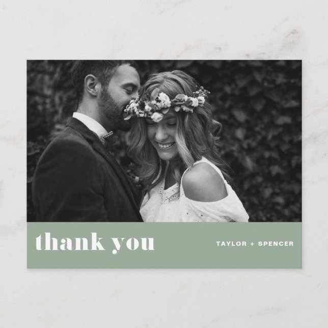 Retro Bold Typography Sage Green Wedding Thank You Postcard (Front)