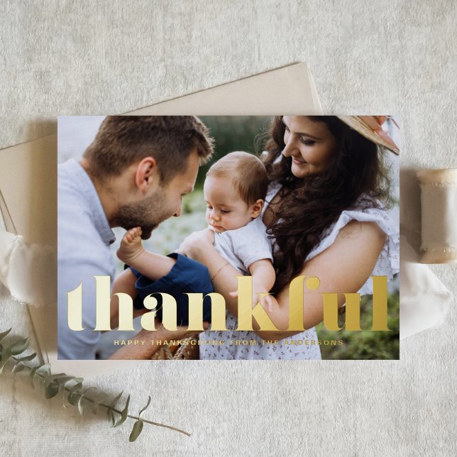 Retro Bold Typography Thankful Happy Thanksgiving Foil Holiday Card (Creator Uploaded)
