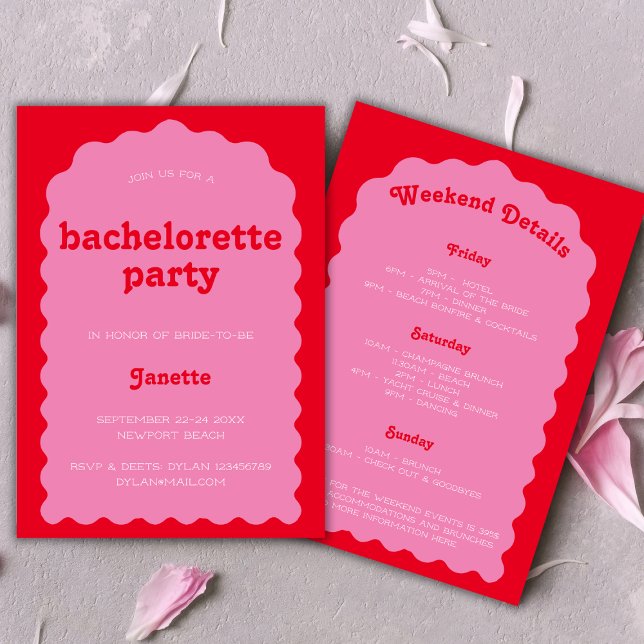 Retro Bold Wavy Pink And Red Bachelorette Weekend Invitation (Retro Bold Wavy Pink And Red Bachelorette Weekend Invitation)
