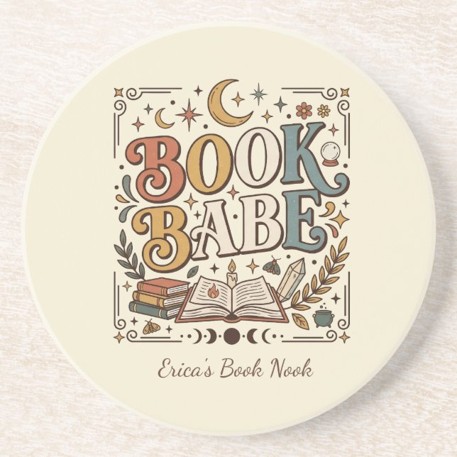 Retro Book Babe Mystical Celestial Witchy Bookish Coaster (Front)