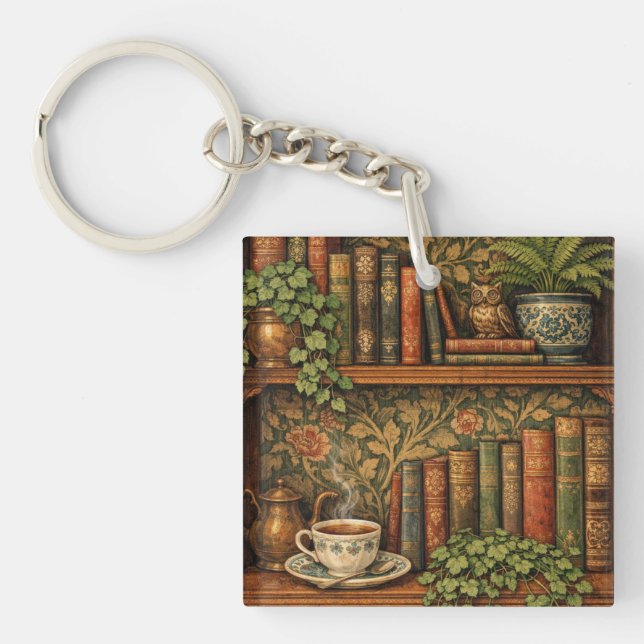 Retro book lover art key ring (Front)