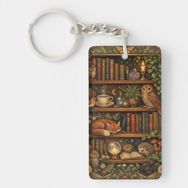 Retro book lover woodland animals key ring (Front)