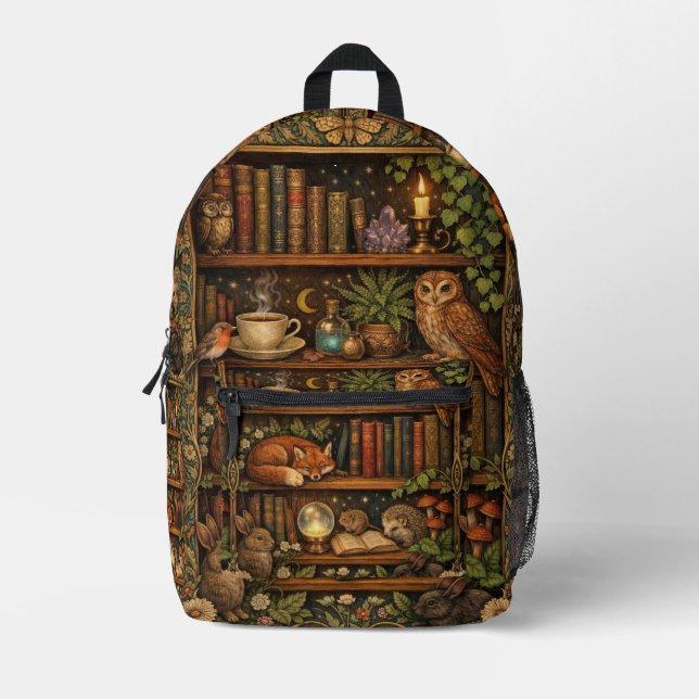 Retro book lover woodland animals printed backpack (Front)