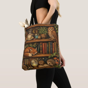 Retro book lover woodland animals tote bag