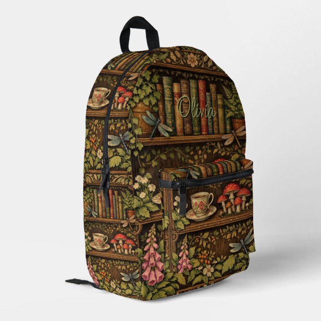 Retro book shelf dragonflies coffee florals  printed backpack (Back Corner Left)