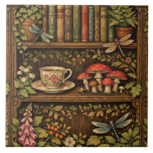 Retro book shelf mushrooms coffee floral  ceramic tile