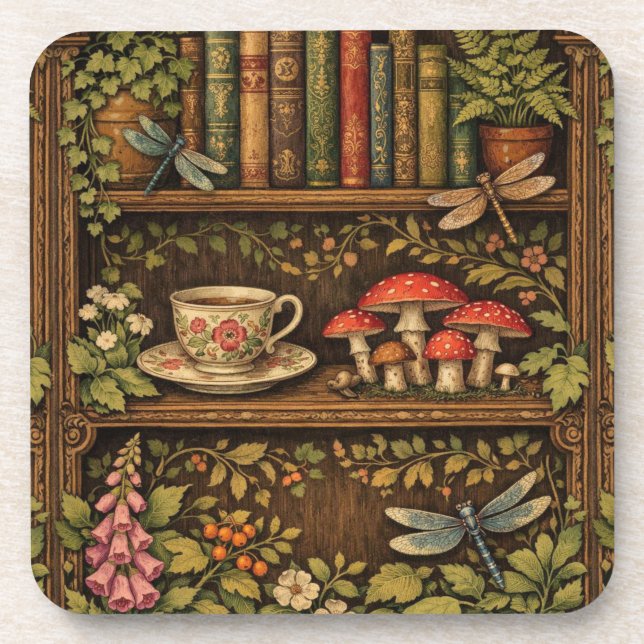 Retro book shelf mushrooms coffee floral  coaster (Front)