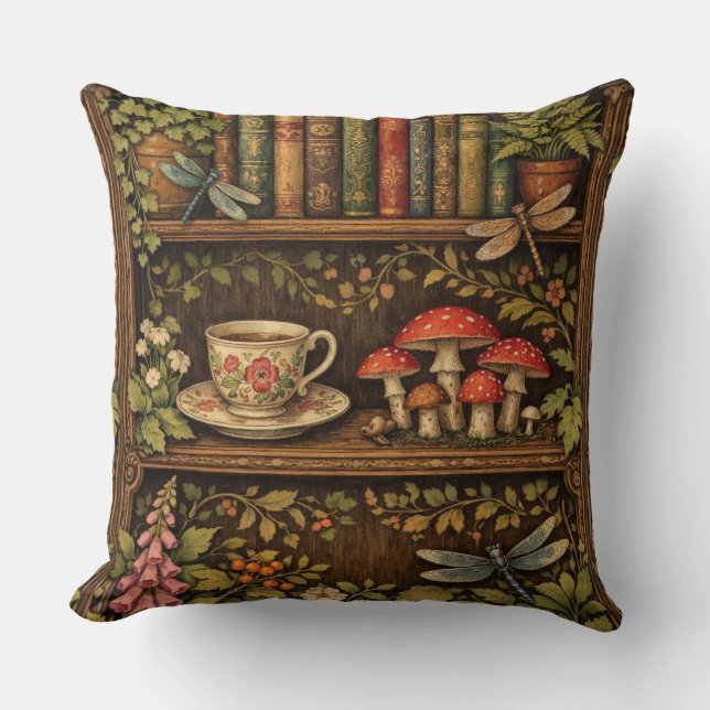 Retro book shelf mushrooms coffee floral  cushion (Front)