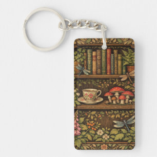 Retro book shelf mushrooms coffee floral  key ring