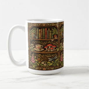 Retro book shelf mushrooms coffee floral  mug