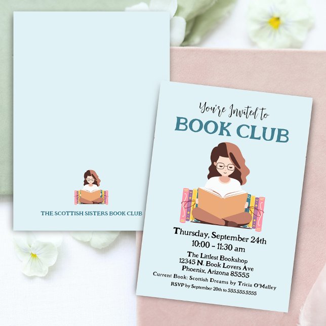 Retro Bookish Book Club Meeting Party Invitation (retro woman girl reading book club meeting party invitation for bookish book lovers social events)