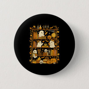 Retro Bookshelf Black Cat Halloween Ghost Reading 6 Cm Round Badge