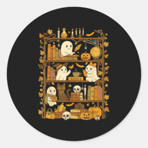 Retro Bookshelf Black Cat Halloween Ghost Reading Classic Round Sticker