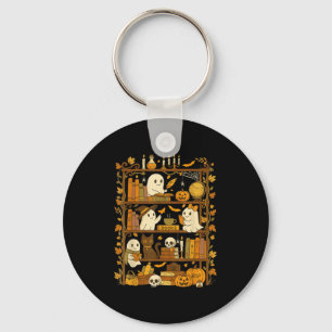 Retro Bookshelf Black Cat Halloween Ghost Reading Key Ring