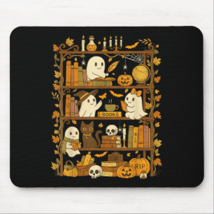 Retro Bookshelf Black Cat Halloween Ghost Reading Mouse Pad