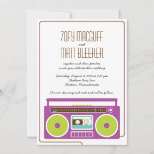 Retro Boombox Indie Mixtape Wedding (Purple/Lime) Invitation