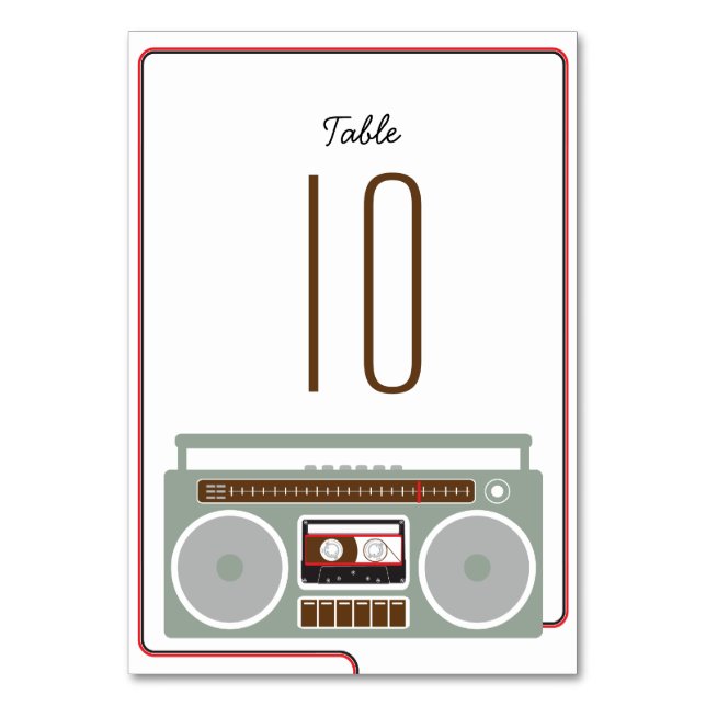 Retro Boombox Indie Mixtape Wedding Red / Black Table Number (Front)