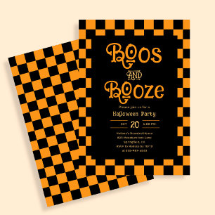 Retro Boos And Booze Halloween Checkered Orange Invitation