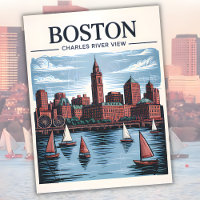 Retro Boston Sailboat Massachusetts Skyline Travel