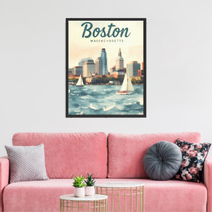 Retro Boston Skyline & Sailboats Massachusetts Canvas Print