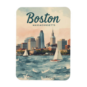 Retro Boston Skyline & Sailboats   Massachusetts Magnet