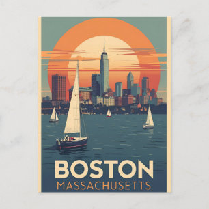 Retro Boston Skyline & Sailboats Massachusetts Postcard