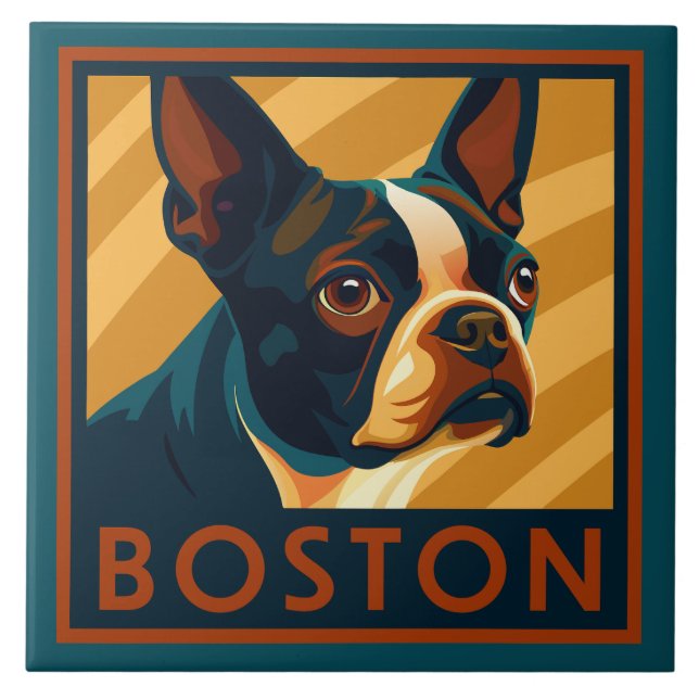 Retro Boston Terrier Portrait Ceramic Tile (Front)