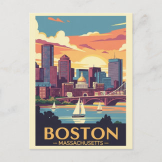 Retro Boston Vintage Travel Sailboats Harbour Postcard
