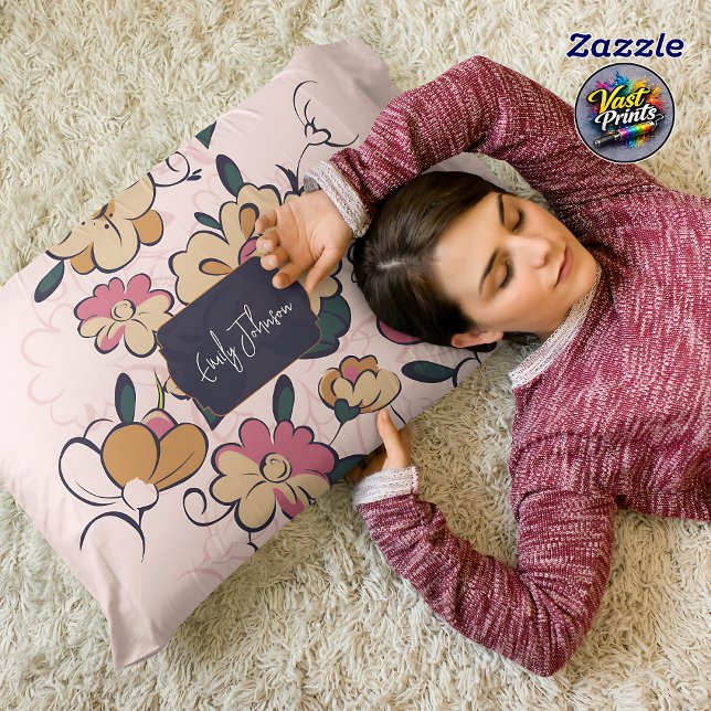 Retro Botanical Custom Name Pink Cream Beige Decorative Cushion (Retro Botanical Custom Name Pink Cream Beige Accent Pillow)