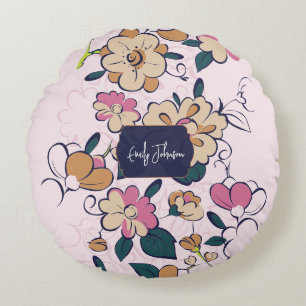 Retro Botanical Custom Name Pink Cream Beige Round Cushion