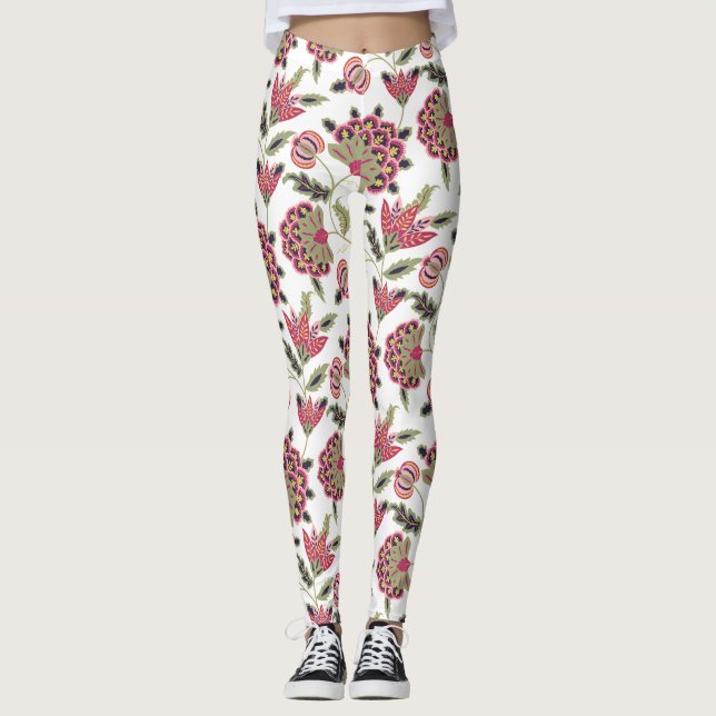 Retro Botanical Damask Boho Pattern  Leggings (Front)