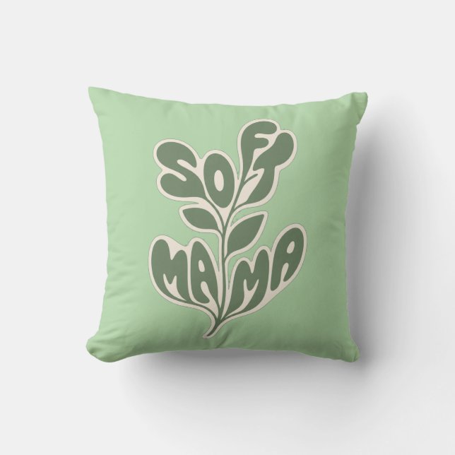 Retro Botanical "Soft Mama" Leaf Typography Design Cushion (Front)