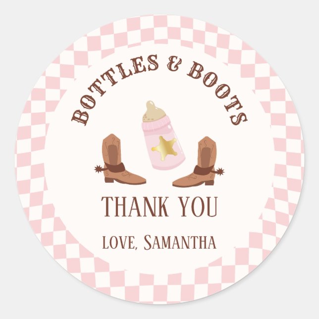 Retro Bottles and Boots Cowgirl Baby Shower Classic Round Sticker (Front)