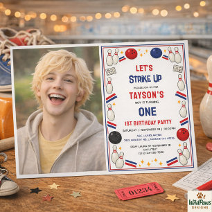 Retro Bowling 1st Birthday Party – Fun Kids  Invitation