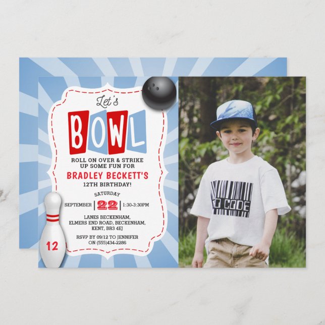 Retro Bowling Any Age Birthday Photo Invitation (Front/Back)