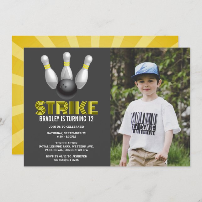 Retro Bowling Any Age Birthday Photo Invitation (Front/Back)
