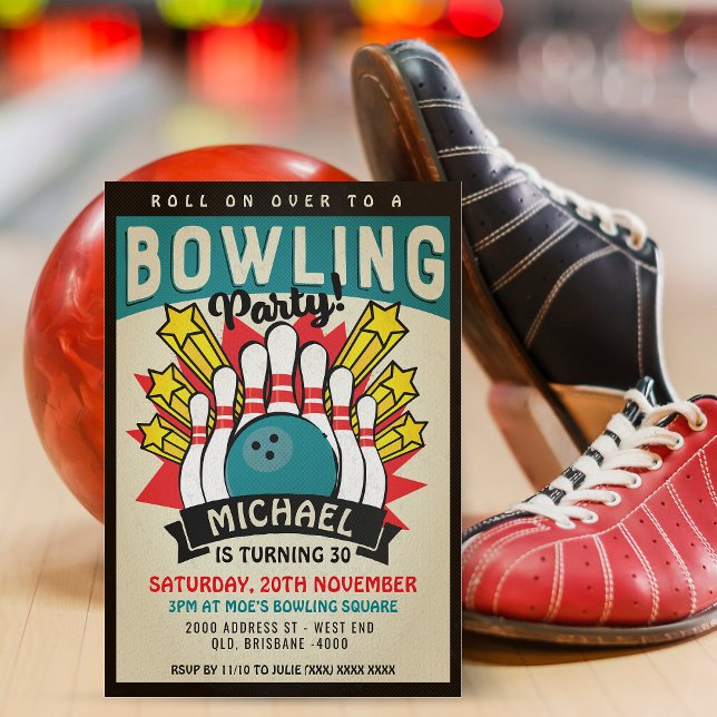 Retro Bowling Birthday Party Invitation (Inspired by retro 60's posters, this fantastic invitation will be right up your alley. )