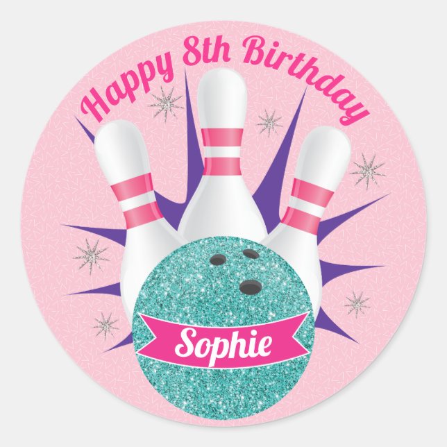 Retro Bowling Girls Glitter Birthday Party Classic Round Sticker (Front)